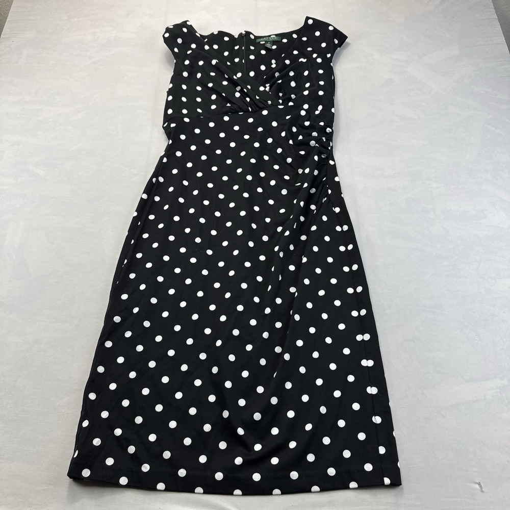 Lauren Ralph Lauren Black White Polka Dot Ruched Midi Dress Size 8